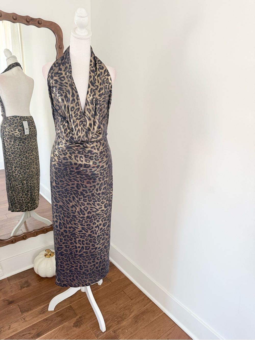 AKIRA Leopard Halter Midi Dress in Brown and Black
